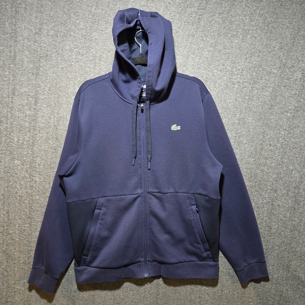 Lacoste Sport Full Zip Hoodie Men's Large Lined Hood Navy Blue Organic Cotton